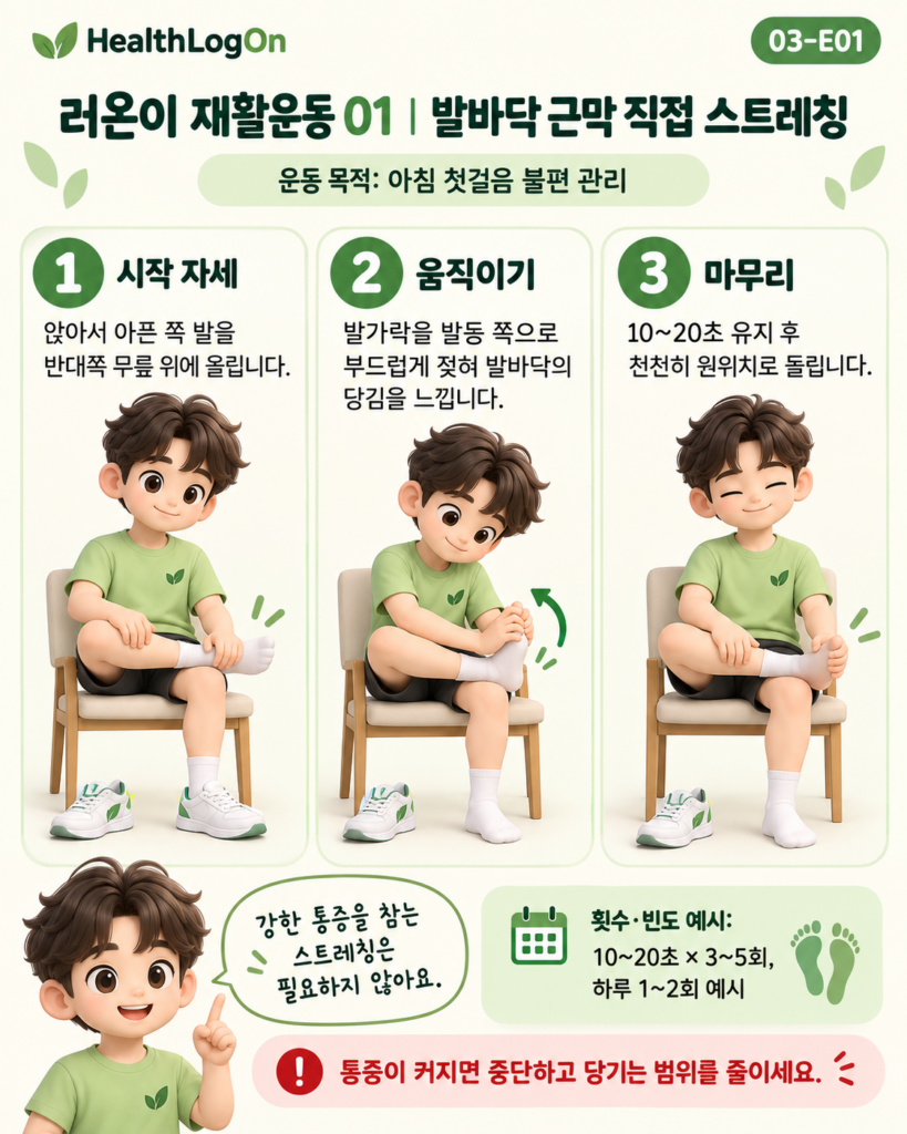 헬스로그온 캐릭터 러온이가 의자에 앉아 한쪽 발을 반대쪽 무릎에 올리고 발가락을 발등 방향으로 부드럽게 당긴 뒤 천천히 원위치로 돌리는 발바닥 근막 스트레칭 3컷 안내 이미지