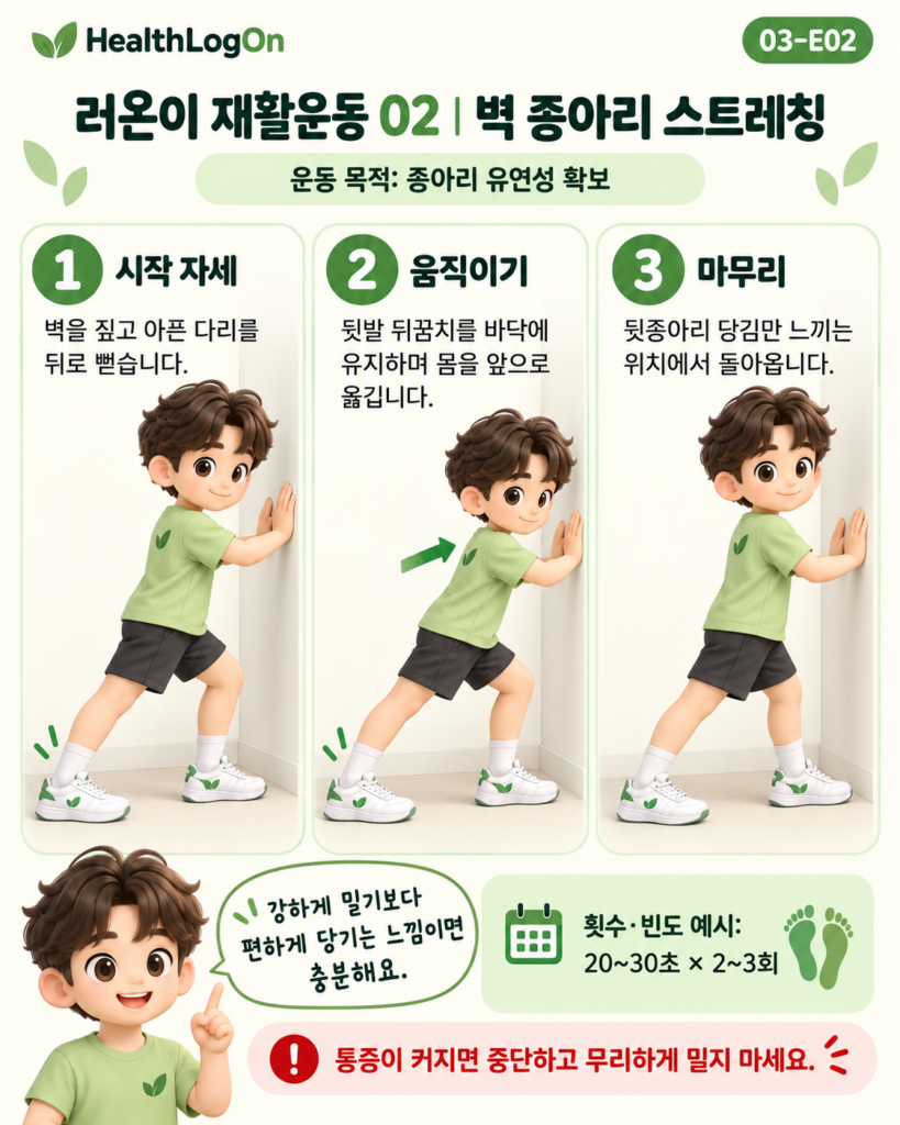 러온이가 벽을 짚고 한쪽 다리를 뒤로 뻗은 상태에서 뒷발 뒤꿈치를 바닥에 유지하며 몸을 앞으로 옮겨 종아리를 스트레칭하는 세 단계 운동 그림