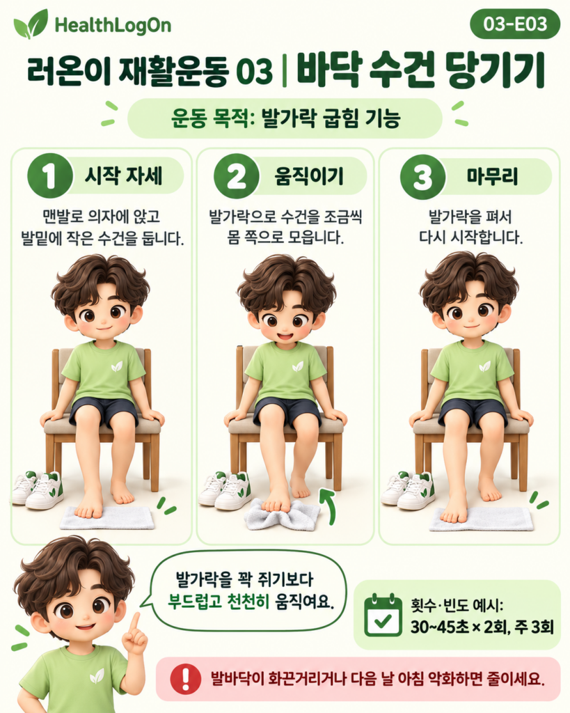 러온이가 의자에 앉아 맨발 아래 작은 수건을 펼친 뒤 발가락을 굽혀 수건을 몸 쪽으로 조금씩 모으고 발가락을 다시 펴는 세 단계 발 운동 인포그래픽