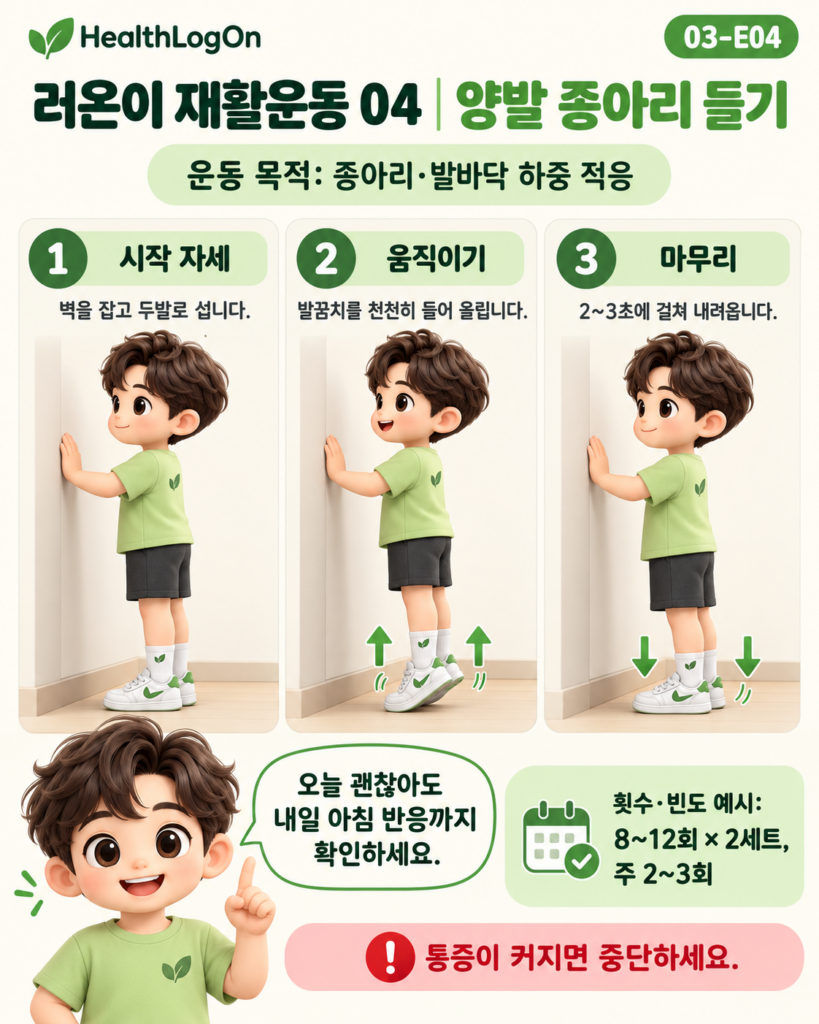 러온이가 벽을 짚고 두 발로 선 상태에서 양쪽 발뒤꿈치를 동시에 천천히 들어 올렸다가 2~3초 동안 조절하며 바닥으로 내리는 종아리 근력운동 3컷 가이드