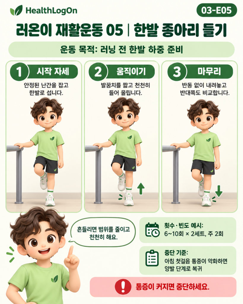 러온이가 안정적인 난간을 잡고 한쪽 발로 선 상태에서 지지하는 발의 뒤꿈치를 천천히 들어 올렸다가 반동 없이 내리는 한발 종아리 근력운동 3컷 안내 이미지
