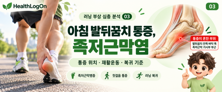 아침 발뒤꿈치 통증을 느껴 발뒤꿈치를 잡고 있는 러너의 모습과, 발뒤꿈치 안쪽 바닥 쪽 족저근막 기시부 통증 부위를 붉게 표시한 발 해부학 그림, 그리고 HealthLogOn 캐릭터 러온이가 함께 배치된 족저근막염 대표이미지