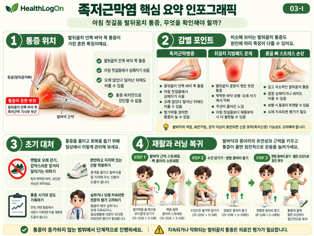 족저근막염의 통증 위치, 뒤꿈치 지방패드 문제와 종골 뼈 스트레스 손상과의 감별 포인트, 초기 대처 방법, 단계별 재활운동과 러닝 복귀 과정을 네 구역으로 정리한 HealthLogOn 인포그래픽