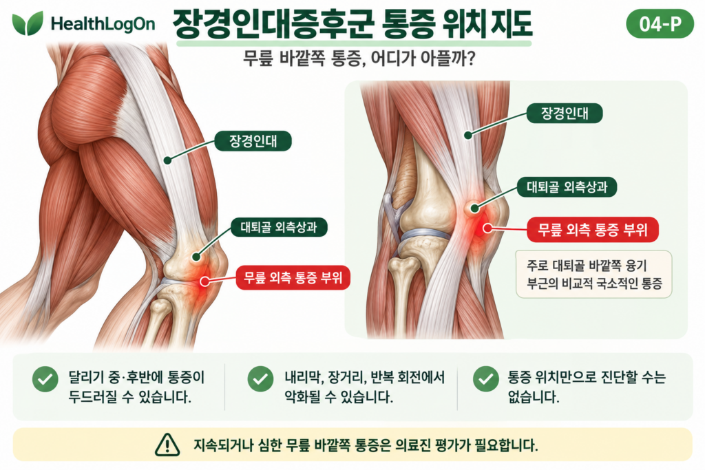 허벅지 바깥쪽을 따라 내려오는 장경인대와 무릎 바깥쪽 대퇴골 외측상과 주변의 대표적인 통증 위치를 붉게 표시한 HealthLogOn 해부학 그림