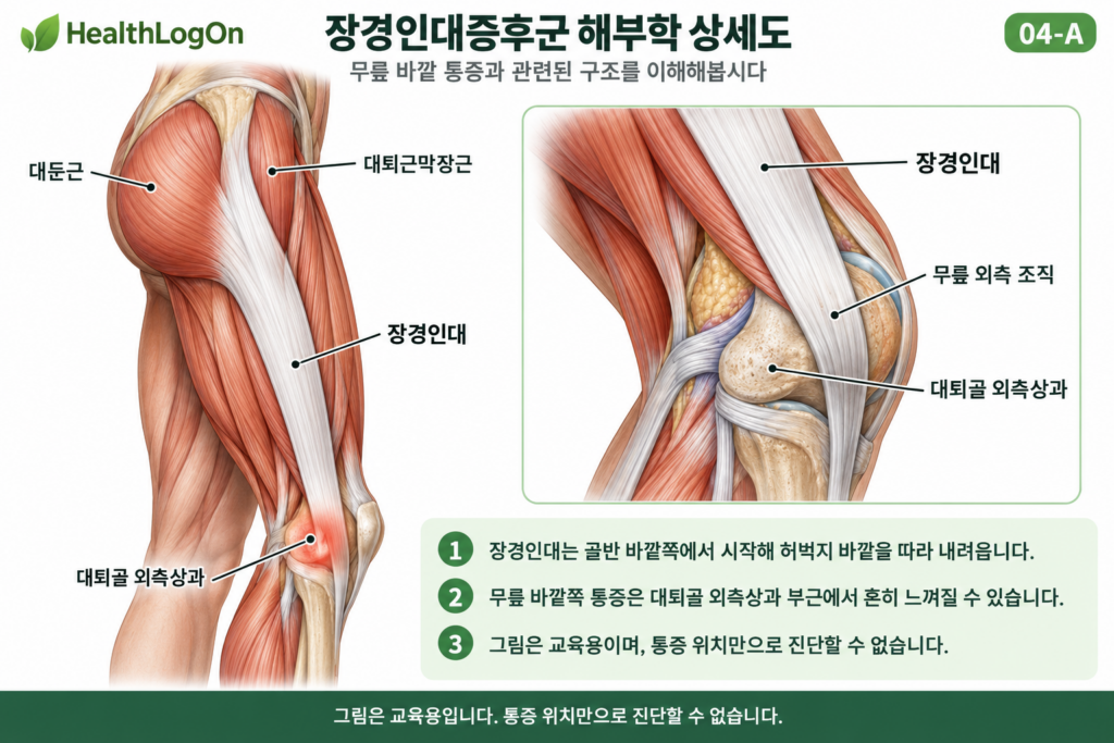 골반 바깥쪽부터 허벅지 외측과 무릎까지 이어지는 장경인대의 위치와 대둔근, 대퇴근막장근, 대퇴골 외측상과 및 무릎 외측 조직의 관계를 나타낸 해부학 상세도