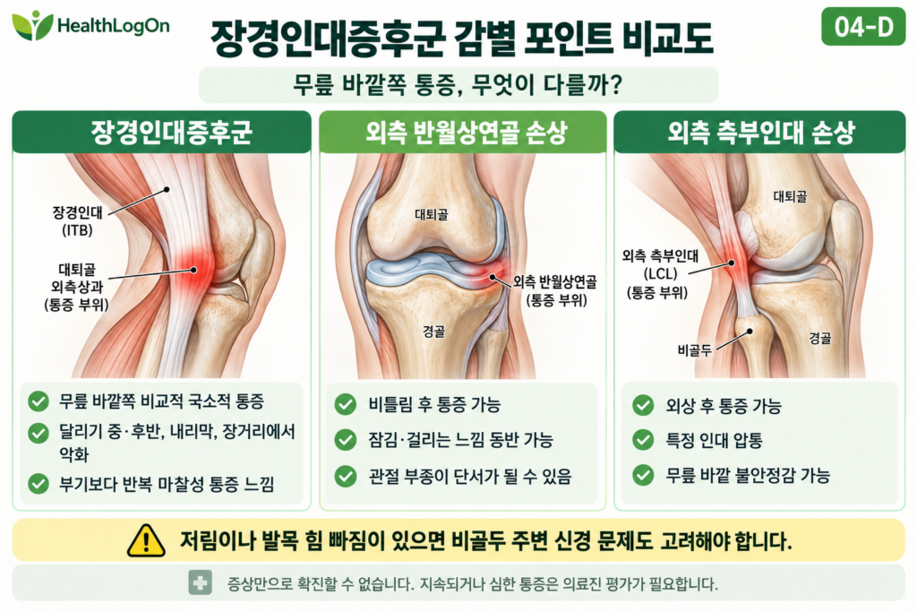 장경인대증후군, 외측 반월상연골 손상, 외측 측부인대 손상의 대표적인 통증 위치와 증상 특징을 세 개의 무릎 해부학 그림으로 비교한 HealthLogOn 인포그래픽
