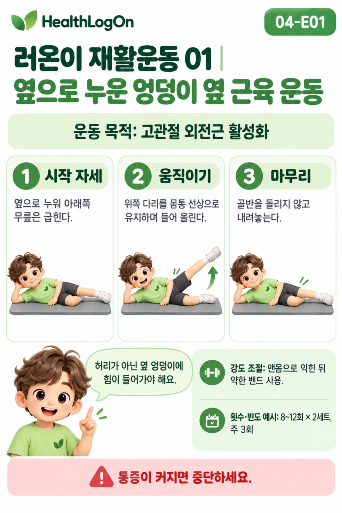 러온이가 옆으로 누워 아래쪽 무릎을 굽히고 위쪽 다리를 곧게 편 상태에서 다리를 천천히 들어 올렸다가 골반을 고정하며 내리는 고관절 외전 운동 3컷 안내 이미지