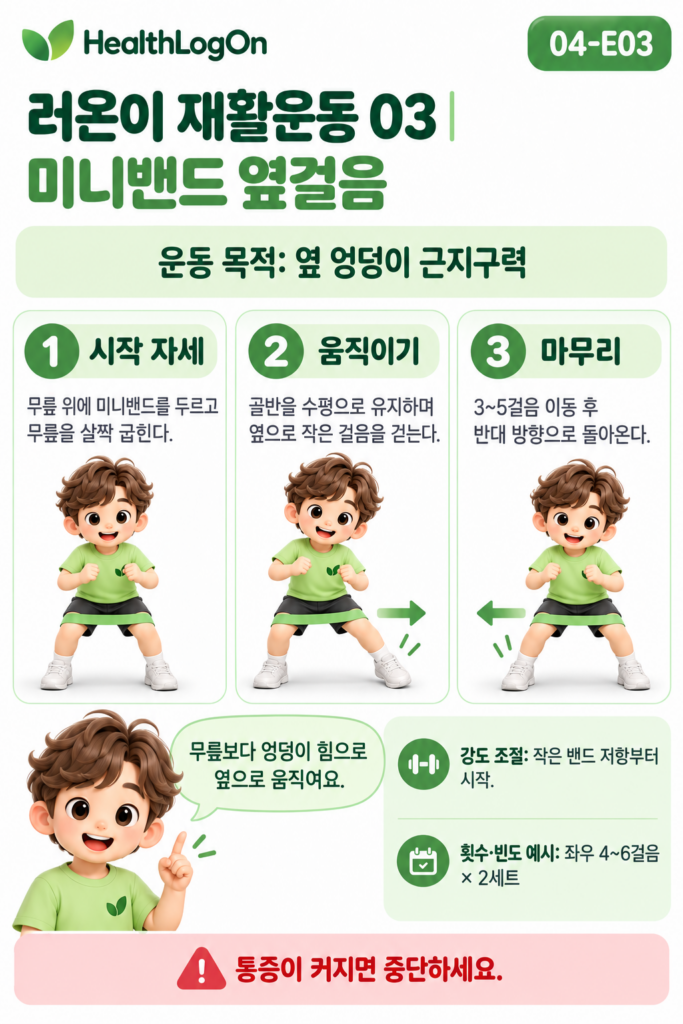 러온이가 무릎 위에 초록색 미니밴드를 착용하고 무릎을 살짝 굽힌 상태에서 골반 높이를 유지하며 옆으로 걸었다가 반대 방향으로 돌아오는 3단계 운동 그림