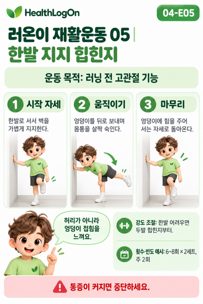 러온이가 한쪽 다리로 서서 벽을 가볍게 지지하고 엉덩이를 뒤로 보내며 상체를 앞으로 기울였다가 엉덩이 근육의 힘으로 다시 일어서는 한발 힙힌지 운동 3단계 그림