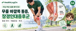 달리기 중 무릎 바깥쪽 통증을 느끼며 무릎을 잡고 있는 러너와 장경인대, 대퇴골 외측상과 및 통증 부위를 표시한 해부학 그림, 러온이 캐릭터를 함께 배치한 HealthLogOn 장경인대증후군 대표이미지