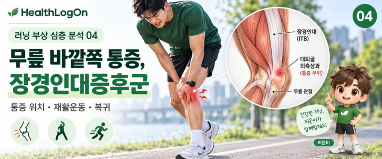 달리기 중 무릎 바깥쪽 통증을 느끼며 무릎을 잡고 있는 러너와 장경인대, 대퇴골 외측상과 및 통증 부위를 표시한 해부학 그림, 러온이 캐릭터를 함께 배치한 HealthLogOn 장경인대증후군 대표이미지