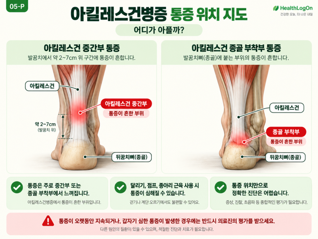 아킬레스건 중간부 건병증과 종골 부착부 건병증의 대표적인 통증 위치를 발뒤꿈치 뒤쪽 해부학 그림 두 개에 붉게 표시한 비교 이미지