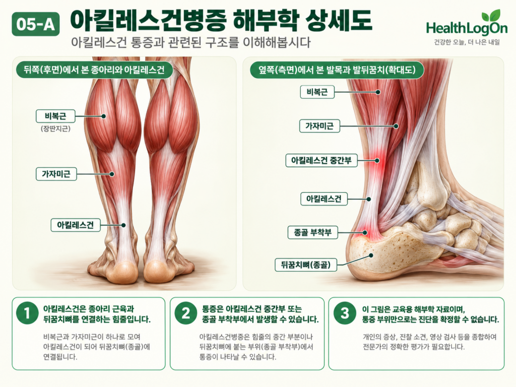 종아리 뒤쪽의 비복근과 가자미근, 아킬레스건 중간부 및 종골 부착부의 해부학적 위치 관계를 후면과 측면 그림으로 설명한 의학 인포그래픽