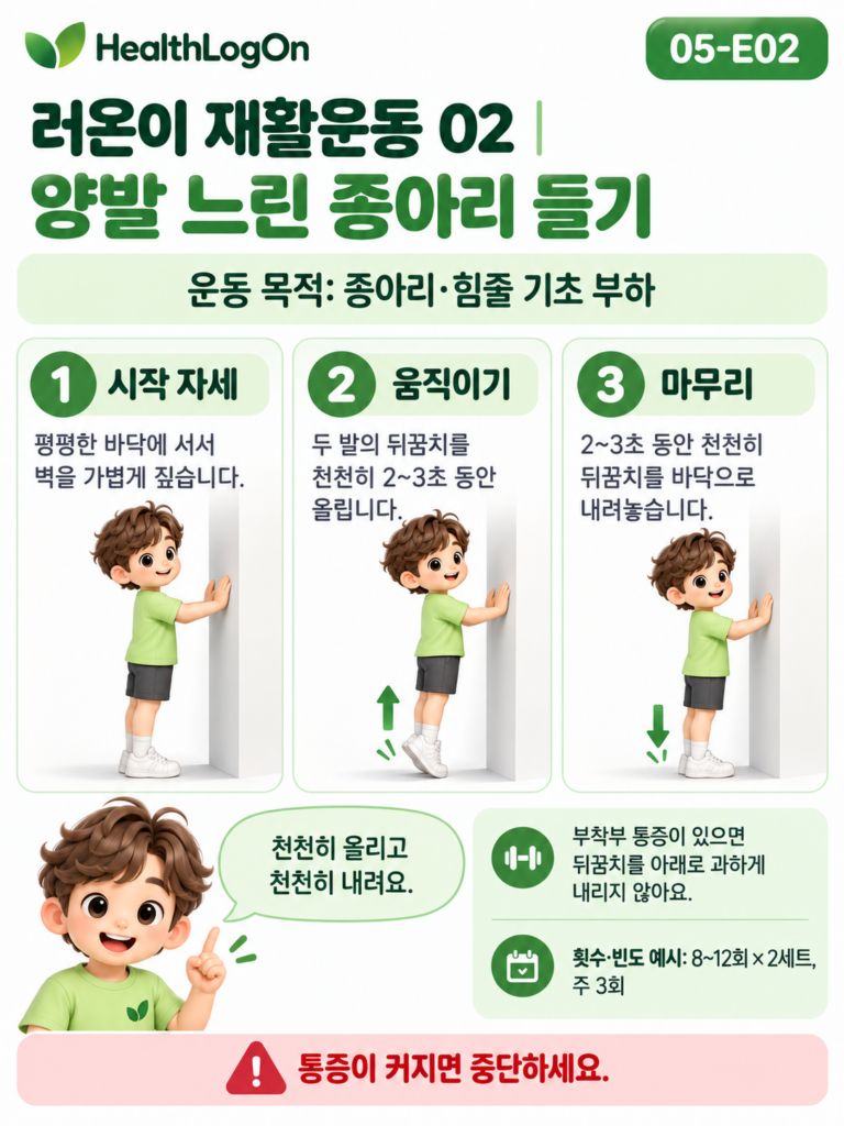 러온이가 평평한 바닥에서 벽을 짚고 양발 뒤꿈치를 2~3초에 걸쳐 천천히 들어 올린 뒤 같은 속도로 내려오는 종아리 근력운동 3컷 그림