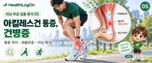 달리기 중 아킬레스건 부위 통증을 느껴 발뒤꿈치를 잡고 있는 러너와 아킬레스건 중간부 및 종골 부착부를 표시한 해부학 확대도, HealthLogOn 러온이가 함께 등장하는 대표이미지