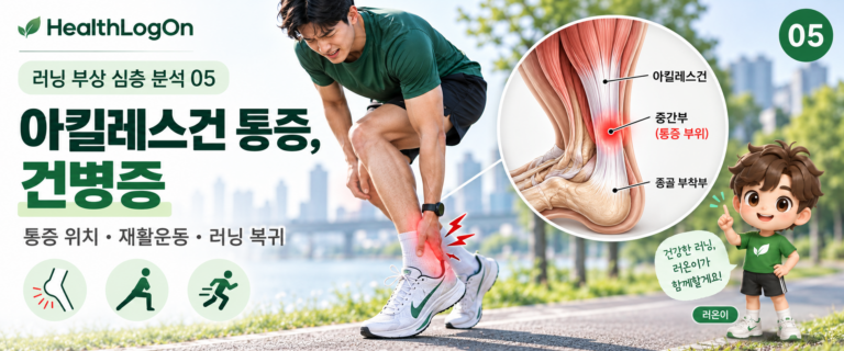 달리기 중 아킬레스건 부위 통증을 느껴 발뒤꿈치를 잡고 있는 러너와 아킬레스건 중간부 및 종골 부착부를 표시한 해부학 확대도, HealthLogOn 러온이가 함께 등장하는 대표이미지