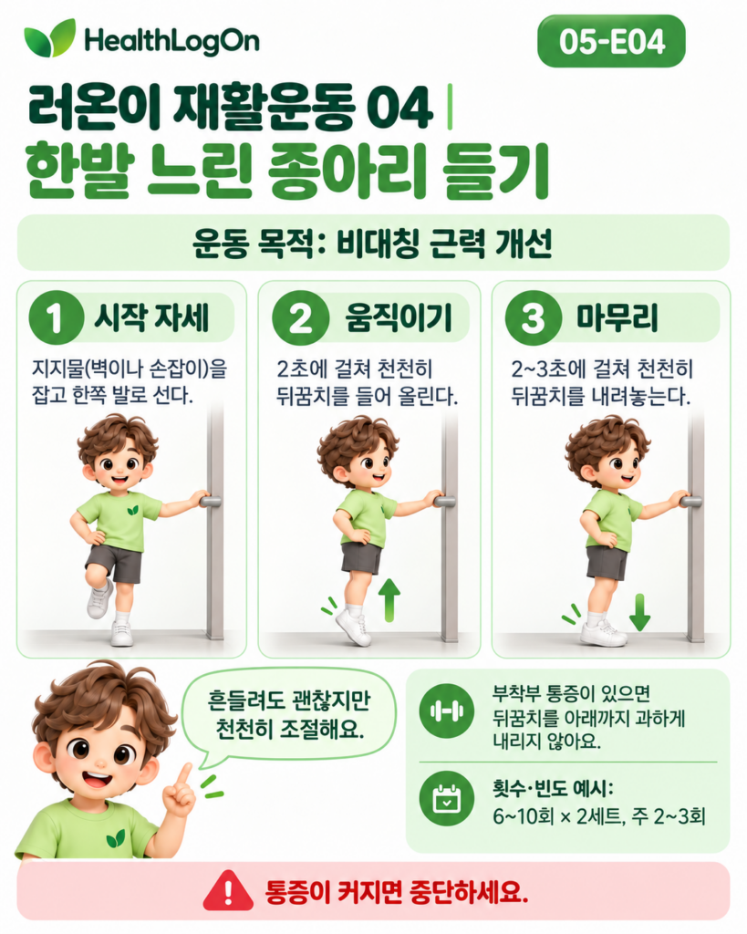 러온이가 난간을 잡고 한쪽 발로 선 상태에서 지지하는 발의 뒤꿈치를 2초 동안 천천히 들어 올린 뒤 2~3초에 걸쳐 내려놓는 한발 종아리 강화운동 그림