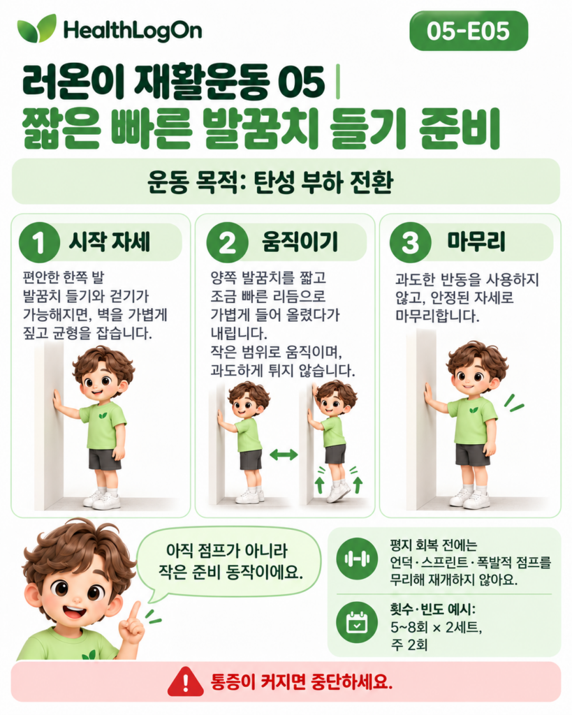 러온이가 벽을 가볍게 짚고 두 발로 선 상태에서 양발 뒤꿈치를 작은 범위로 조금 빠르게 들어 올렸다가 내리고 안정된 자세로 마무리하는 탄성 부하 준비운동 안내 이미지