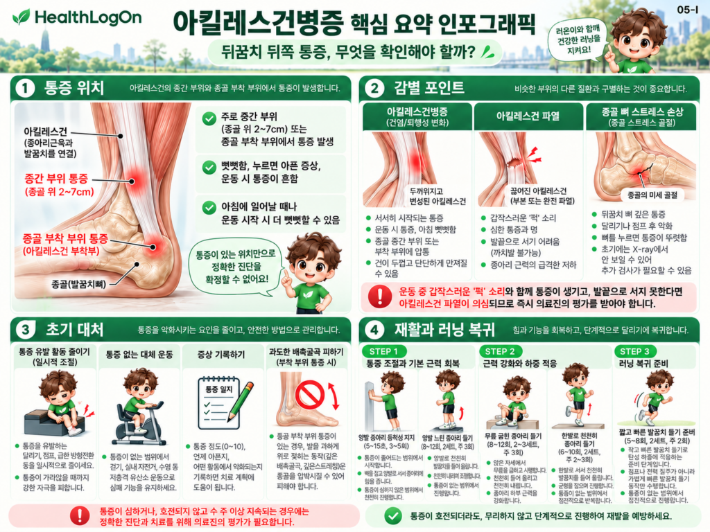 아킬레스건 중간부와 종골 부착부의 통증 위치, 아킬레스건 파열 및 종골 뼈 스트레스 손상과의 감별, 초기 대처 방법과 러온이의 단계별 재활운동을 네 영역으로 정리한 인포그래픽