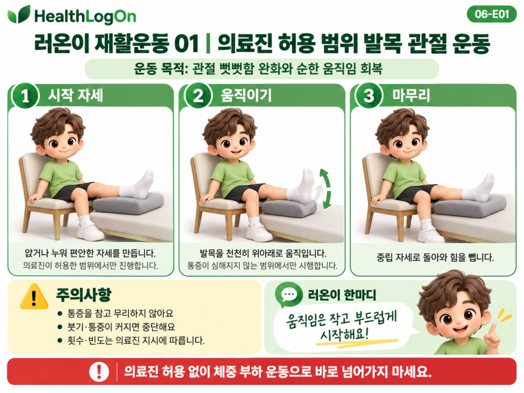 러온이가 의자에 앉아 한쪽 다리를 쿠션 위에 올리고 발목을 부드럽게 위아래로 움직인 뒤 중립 자세로 돌아오는 세 단계 발목 관절 운동 안내 이미지
