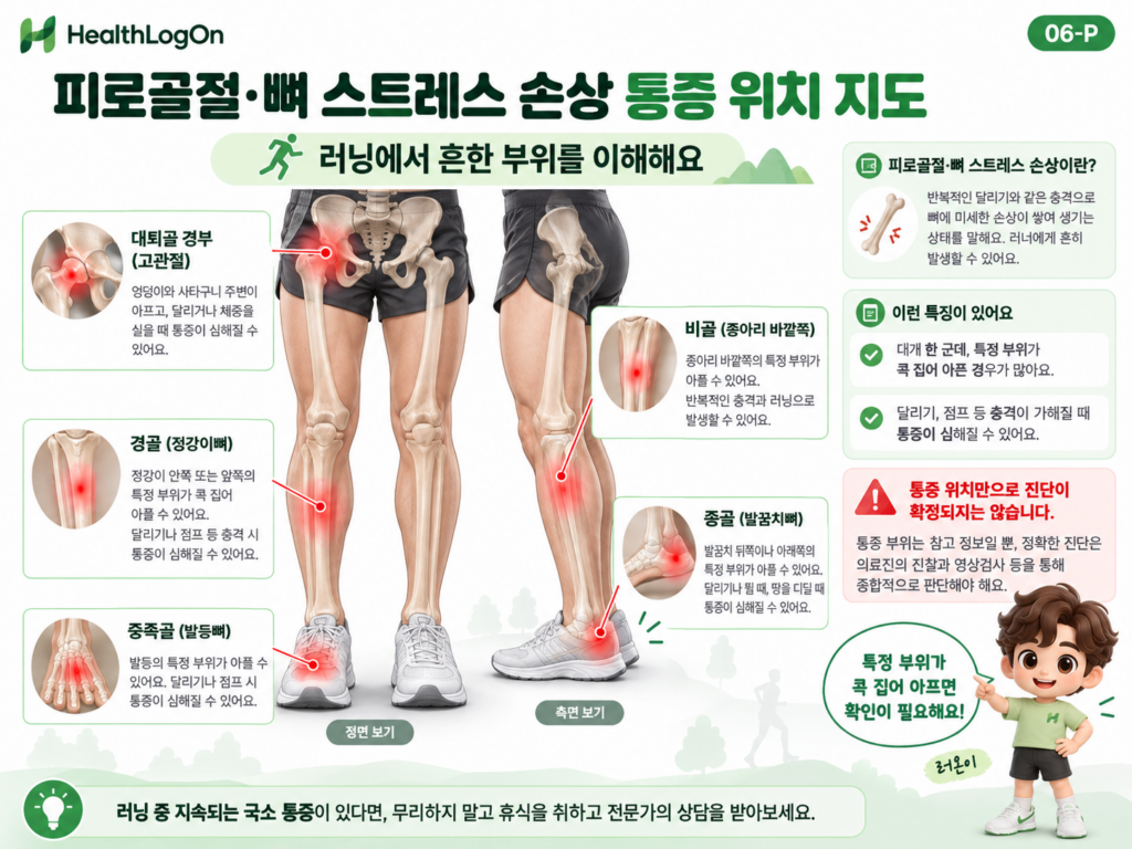 러너의 하체 해부학 그림에 대퇴골 경부, 경골, 비골, 중족골, 종골 등 뼈 스트레스 손상이 발생할 수 있는 대표적인 부위를 붉게 표시한 통증 위치 지도