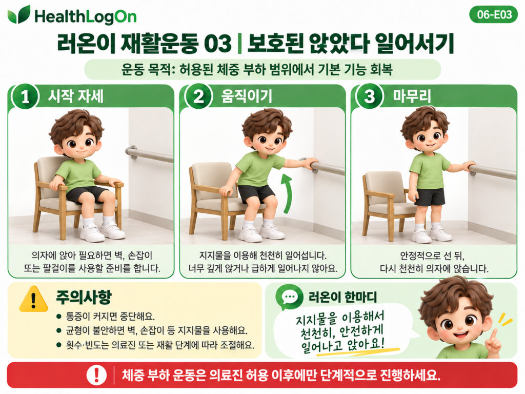 러온이가 팔걸이가 있는 의자에 앉아 난간을 지지한 상태로 천천히 일어서고 다시 앉는 과정을 보여주는 보호된 체중 부하 재활운동 3컷 안내 그림