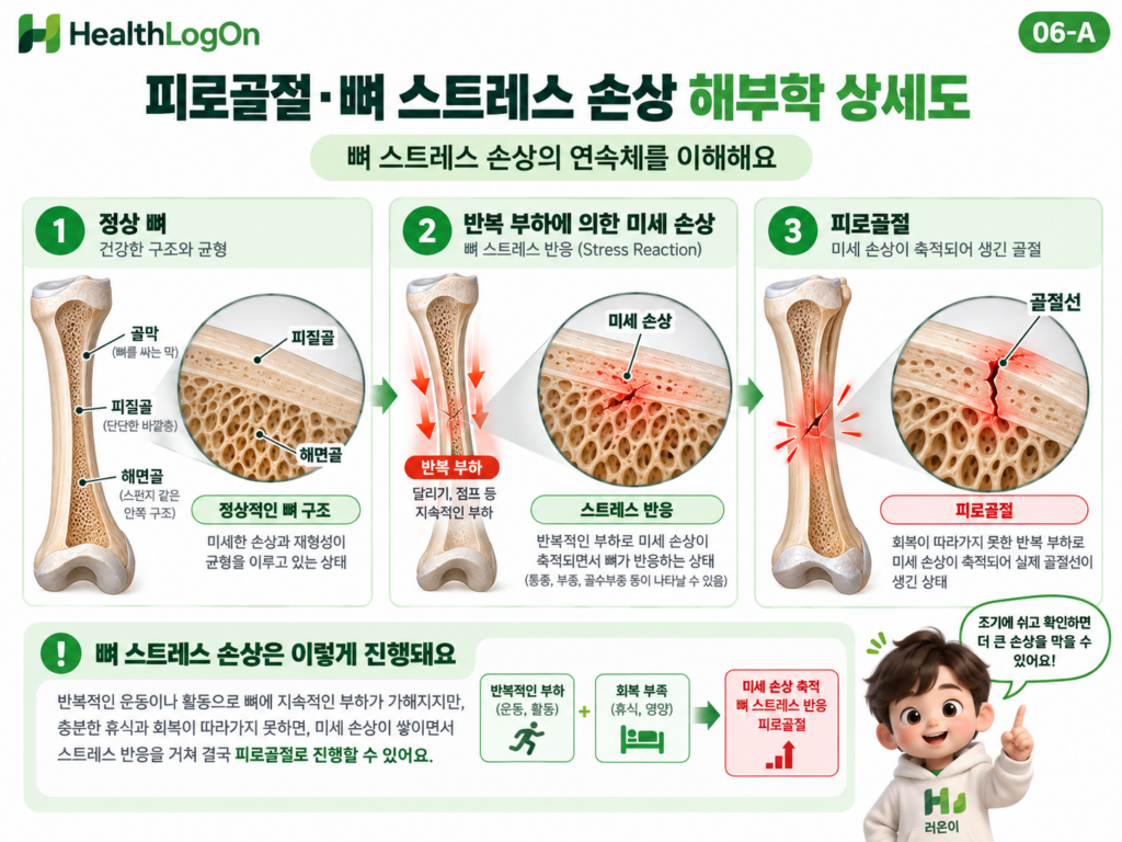 정상 뼈에서 반복적인 부하에 따른 스트레스 반응이 발생하고 미세 손상이 축적되어 피로골절로 진행할 수 있는 과정을 뼈 단면 세 단계로 설명한 의학 인포그래픽