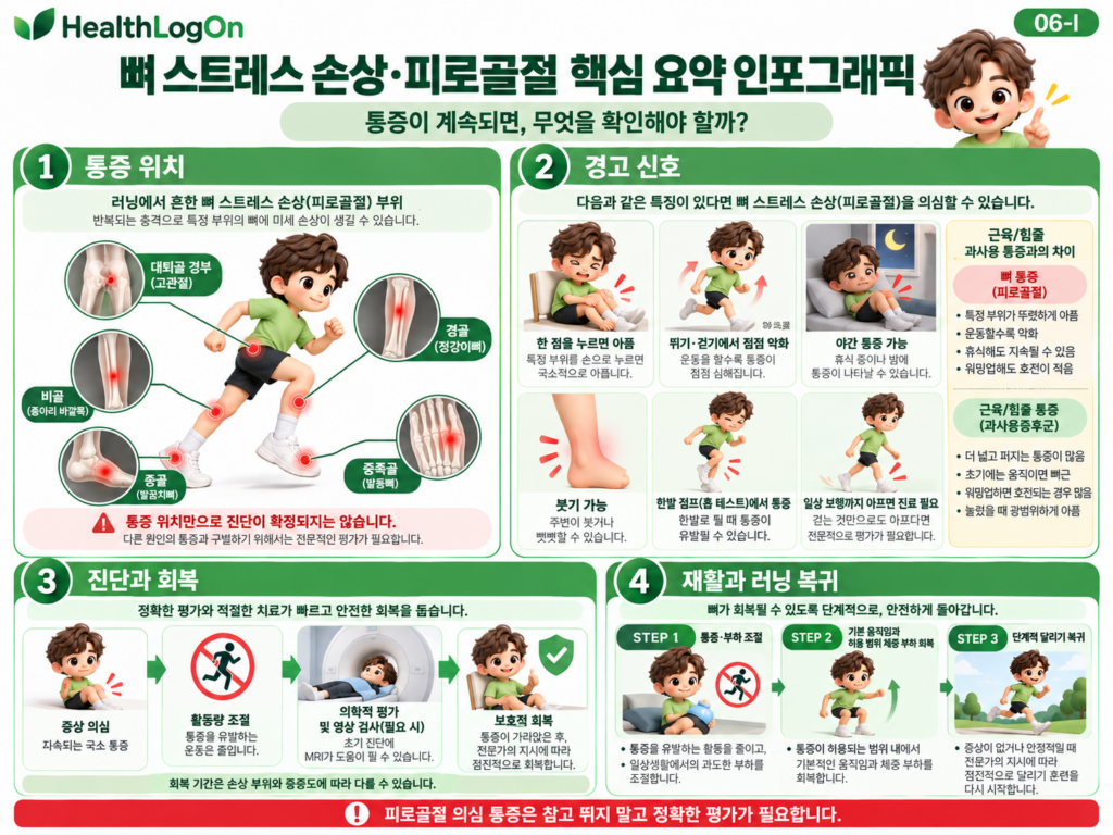 뼈 스트레스 손상, 근육 및 힘줄 과사용 통증, 신스플린트의 통증 위치와 압통 범위, 활동 중 변화, 휴식 시 통증 등 주요 특징을 비교한 의학 인포그래픽
