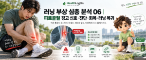 달리기 중 정강이 통증으로 다리를 잡고 있는 러너, 경골의 뼈 스트레스 손상을 보여주는 해부학 확대도, 경고 신호와 진단·회복·러닝 복귀 과정을 안내하는 러온이가 함께 배치된 대표이미지