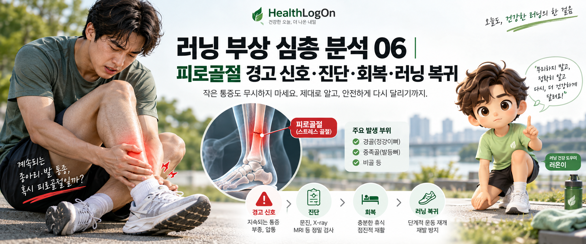 달리기 중 정강이 통증으로 다리를 잡고 있는 러너, 경골의 뼈 스트레스 손상을 보여주는 해부학 확대도, 경고 신호와 진단·회복·러닝 복귀 과정을 안내하는 러온이가 함께 배치된 대표이미지