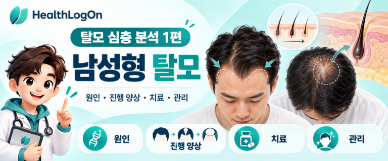 남성형 탈모의 M자 헤어라인과 정수리 모발 밀도 변화를 보여주고 러온이가 원인, 진행 양상, 치료와 관리를 안내하는 HealthLogOn 대표이미지