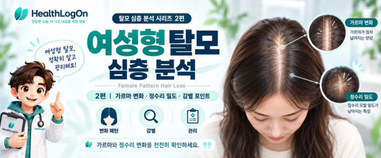 가르마가 넓어지고 정수리 모발 밀도가 감소한 여성의 두피 모습과 확대 그림을 보여주며, 공식 러온이 가이드형 캐릭터가 설명하는 HealthLogOn 여성형 탈모 대표이미지