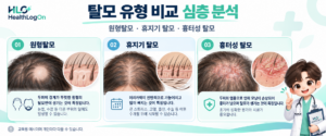 원형탈모의 국소적인 탈모반, 휴지기 탈모의 전반적인 모발 감소, 흉터성 탈모에서 나타날 수 있는 두피 변화를 나란히 보여주는 헬스로그온 교육용 비교 이미지