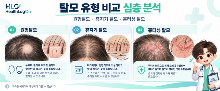 원형탈모의 국소적인 탈모반, 휴지기 탈모의 전반적인 모발 감소, 흉터성 탈모에서 나타날 수 있는 두피 변화를 나란히 보여주는 헬스로그온 교육용 비교 이미지