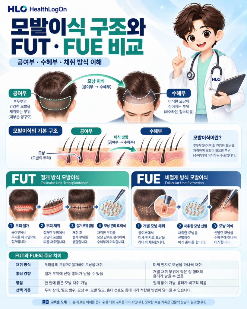 후두부 공여부에서 모낭을 채취해 탈모 부위인 수혜부에 이식하는 과정과 FUT 절개식 모발이식, FUE 개별 모낭 채취 방식의 차이 및 흉터 형태를 비교한 의료 교육용 인포그래픽