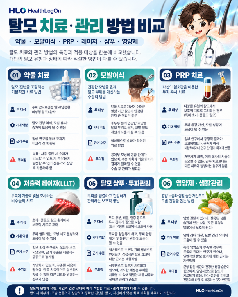 약물 치료, 모발이식, PRP 주사, 저출력 레이저, 탈모 샴푸와 두피 관리, 영양제 및 생활 관리의 적용 대상과 기대 효과, 근거 수준 및 주의사항을 6개 영역으로 비교한 헬스로그온 인포그래픽