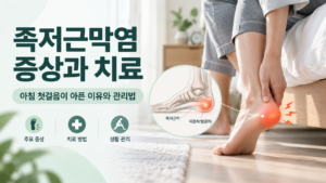 아침 첫걸음 통증과 발뒤꿈치 통증을 설명하는 족저근막염 대표 이미지