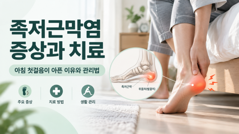 아침 첫걸음 통증과 발뒤꿈치 통증을 설명하는 족저근막염 대표 이미지