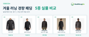 나이키 ACG 라바 로프트, 에어로로프트, 파타고니아 나노 에어 라이트, 아크테릭스 아톰 SL, 파타고니아 나노 퍼프의 공식 실물사진을 나란히 배치한 겨울 러닝 경량 패딩 5종 비교 대표이미지