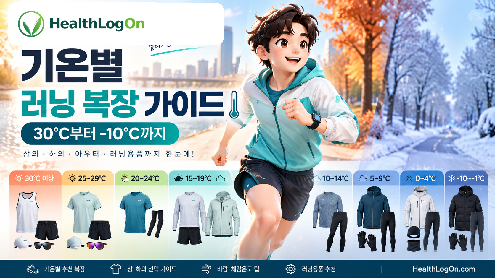 기온별 러닝 복장 추천 가이드. HealthLogOn 로건 캐릭터와 함께 여름부터 겨울까지 상의, 하의, 바람막이, 방한용품을 비교한 이미지