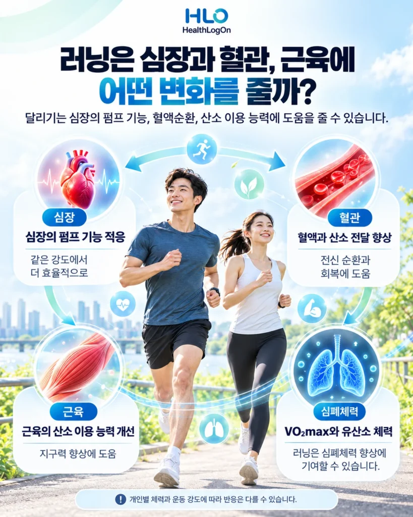 달리기 건강 효과로 나타날 수 있는 심장 혈관 근육 산소 이용의 변화를 설명한 인포그래픽