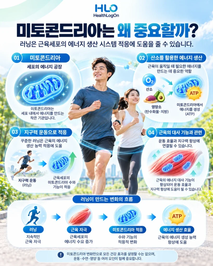 러닝 중 근육의 미토콘드리아가 산소와 영양소를 활용해 ATP 에너지를 생성하고 운동에 적응하는 과정을 보여주는 그림
