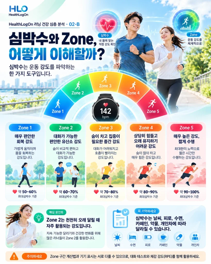 달리기 운동 강도를 심박수와 존 분류 및 최대심박수 대비 예시 비율을 비교한 인포그래픽