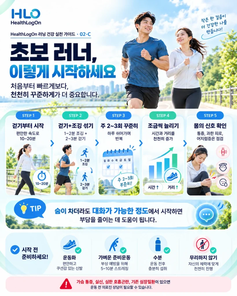 걷기와 짧은 조깅을 번갈아 하며 운동량을 늘리는 초보 러닝 시작 단계