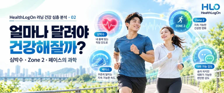 러닝 속도 심박수 운동 강도를 주제로 달리는 러너와 심박수 아이콘을 보여주는 대표 이미지