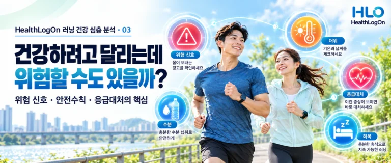러닝 위험 신호 달리는 남녀 러너 주변에 위험 신호, 더위, 심박수, 수분, 회복을 나타내는 아이콘이 배치된 러닝 안전 이미지