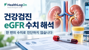 건강검진 eGFR 수치와 신장기능 검사를 설명하는 HealthLogOn 대표이미지. 신장 일러스트, 혈액검사 결과표, 크레아티닌과 소변 알부민 검사 정보를 시각적으로 표현한 이미지