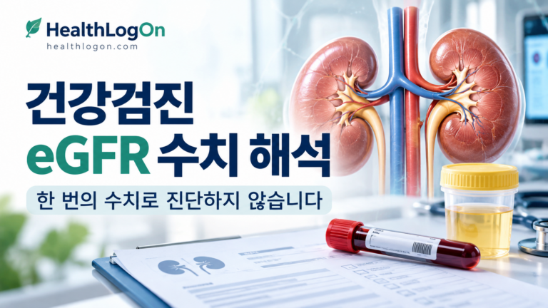 건강검진 eGFR 수치와 신장기능 검사를 설명하는 HealthLogOn 대표이미지. 신장 일러스트, 혈액검사 결과표, 크레아티닌과 소변 알부민 검사 정보를 시각적으로 표현한 이미지