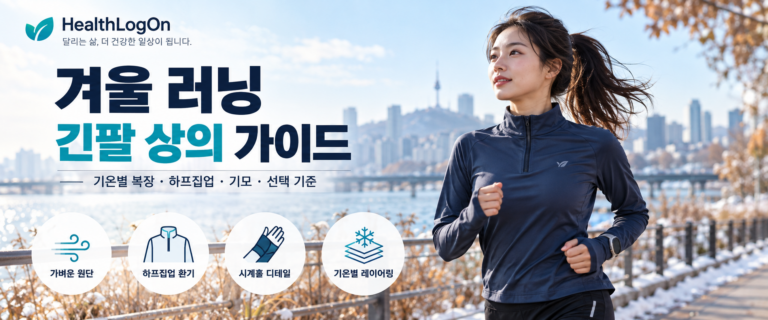 겨울철 강변을 달리는 러너가 긴팔 하프집업을 착용한 모습과 함께 가벼운 원단, 하프집업 환기, 손목 디테일, 기온별 레이어링 등 겨울 러닝 상의 선택 기준을 안내하는 HealthLogOn 대표이미지