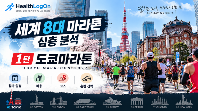도쿄 도심과 러너들을 배경으로 세계 8대 마라톤 심층 분석 1탄 도쿄마라톤이라는 제목이 들어간 HealthLogOn 대표이미지